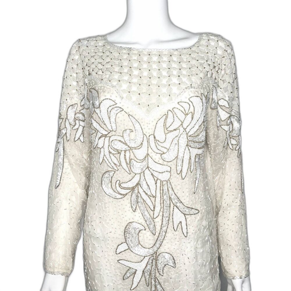 Anjumun California Rare Vintage 80s White Floral Pearlescent Beaded Gown